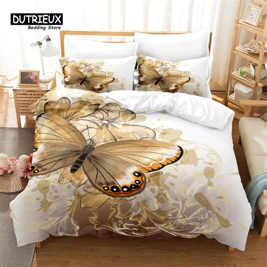 

Golden Pattern Butterfly Duvet Cover Set, 3Pc Bedding Set, Soft Comfortable Breathable Duvet Cover, For Bedroom Guest Room Decor