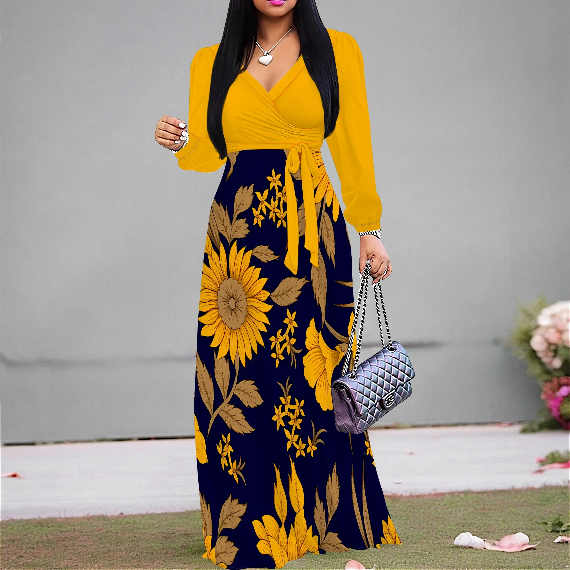 

Nupusa Yellow Sunflower Print Two - Tone Dress for Women Regular Size Summer Casual V Neck Long Sleeve Belted Maxi Dress