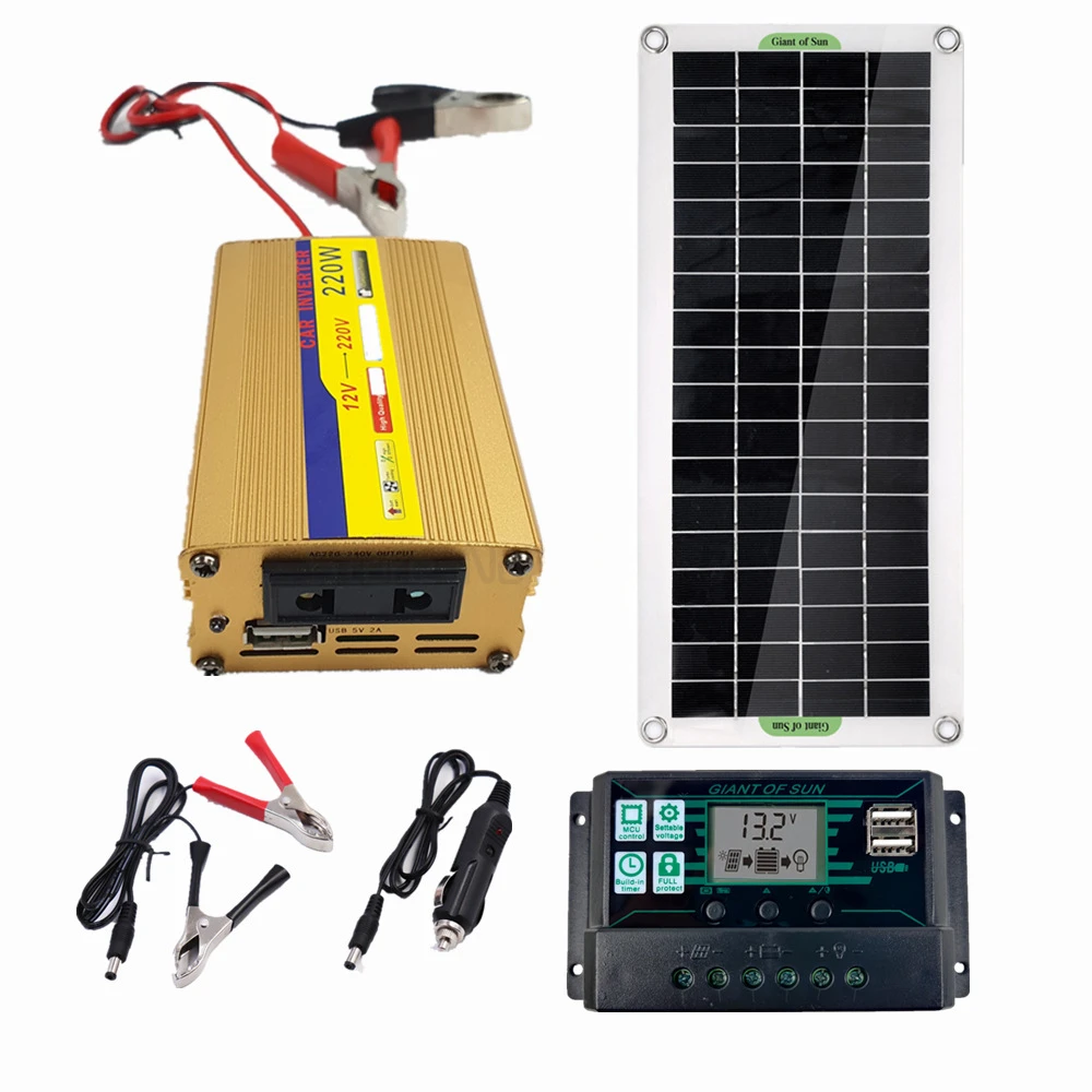 

220V Solar Power System 30W Solar Panel Battery Charger 220W Inverter USB Kit Complete 60A Controller Home Grid Camping Power