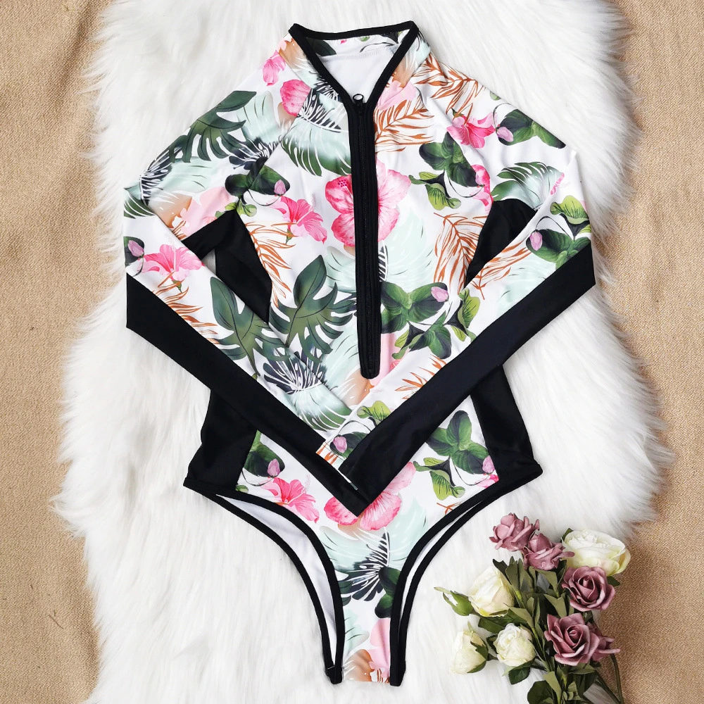 Print Floral One Piece Swimsuit Long Sleeve Swimwear Women Bathing Suit Retro Swimsuit Vintage One-piece Surfing Swim Suits