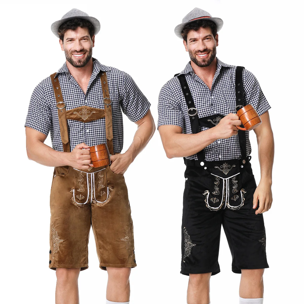 

German Oktoberfest Costume Plaid Brown Overalls Hat Three-piece Beer Suit