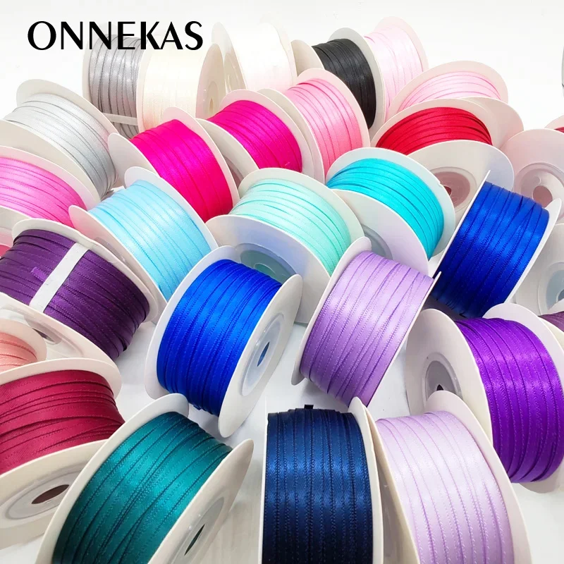 (45M) 3mm Satin Ribbon 100% Polyester High Quality Double Face Tapes Both Sides Satin and Glossy Bows Making 1/8