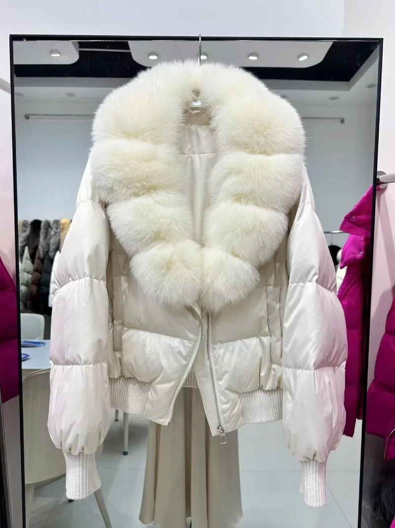 메니나 2025 신상 겨울 여성용 리얼 천연 여우털 칼라 화이트 덕다운 코트 여성용 두꺼운 따뜻한 숏 패딩 재킷 아우터