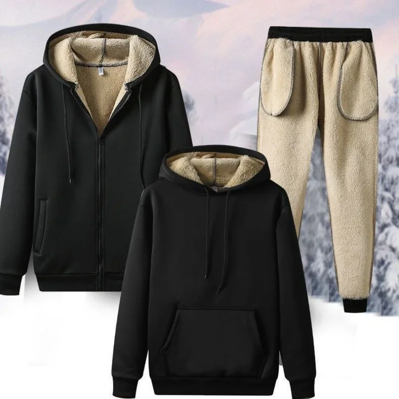 الرجال عادية كم طويل مقنع البلوز رياضية الخريف الشتاء جديد فضفاض 2-3 قطعة مجموعة رياضية الدافئة الصوف مبطن مطابقة الزي #6