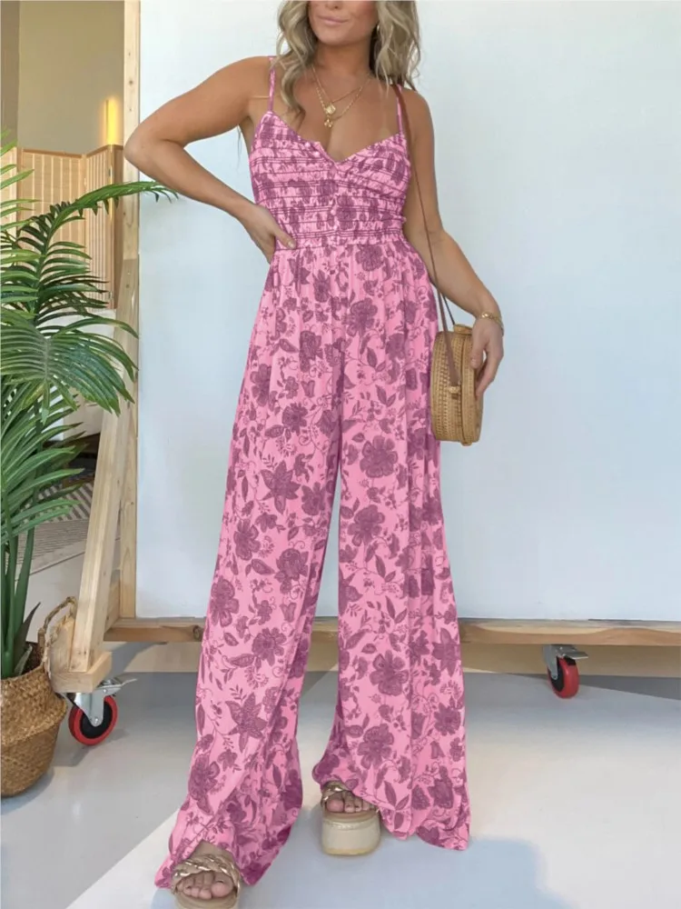 Women's Sexy Spaghetti Strap Jumpsuit Summer Floral Print Buttons Backless High Waist Wide Leg Pants Casual Jumpsuits Streetwear