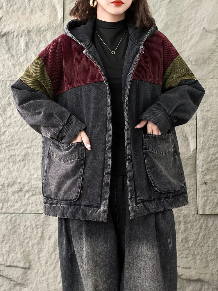 Amax lulue inverno moda feminina com capuz denim veludo acolchoado casacos femininos vintage jaquetas de grandes dimensões casual engrossar quente parkas