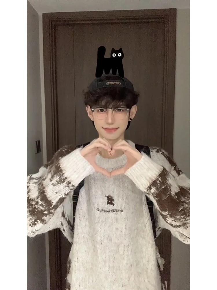 

American Sle round Ne Knitwear Men's Oversize Sweater Lazy Sle Autumn Winter Couple Matching Cotton Polyester Blend