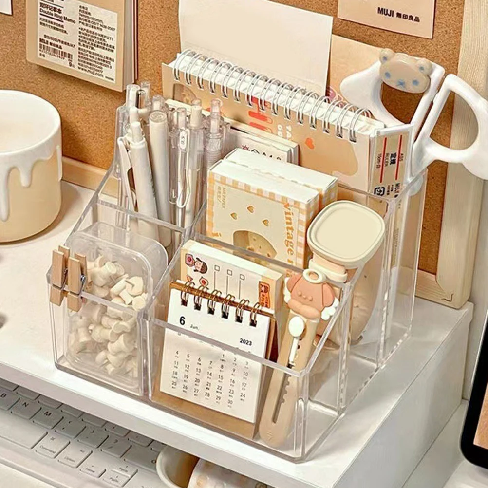 Multi-Compartment Desktop Organizer Sturdy Transparent Makeup Box Storage Case Pen Holder Table Organizer for Home