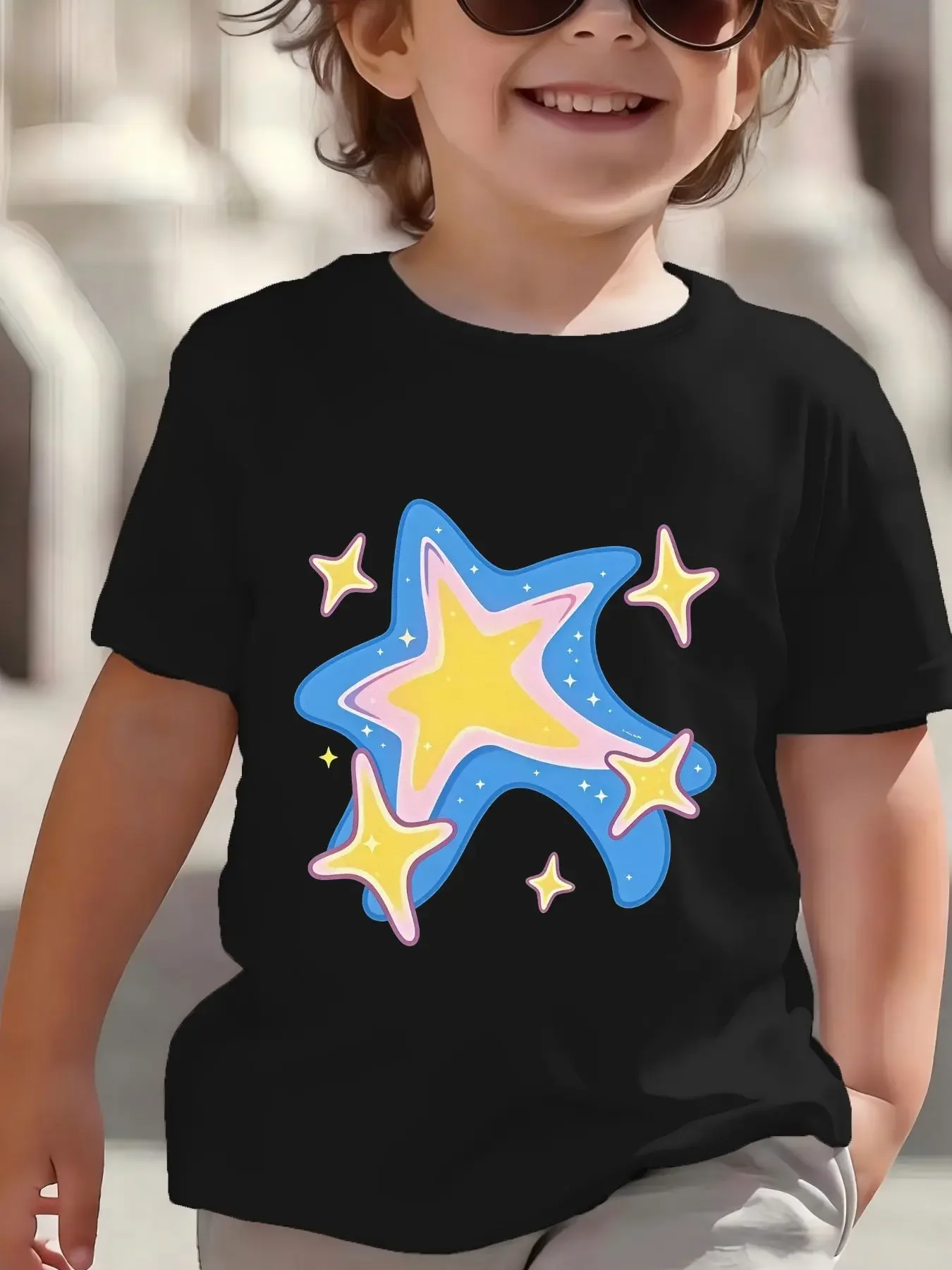 Cute Colorful Cartoon Star Print T Shirt Boys Girls Galaxy Theme Short Sleeve Tee Family Matching Kids Casual Cotton Tops