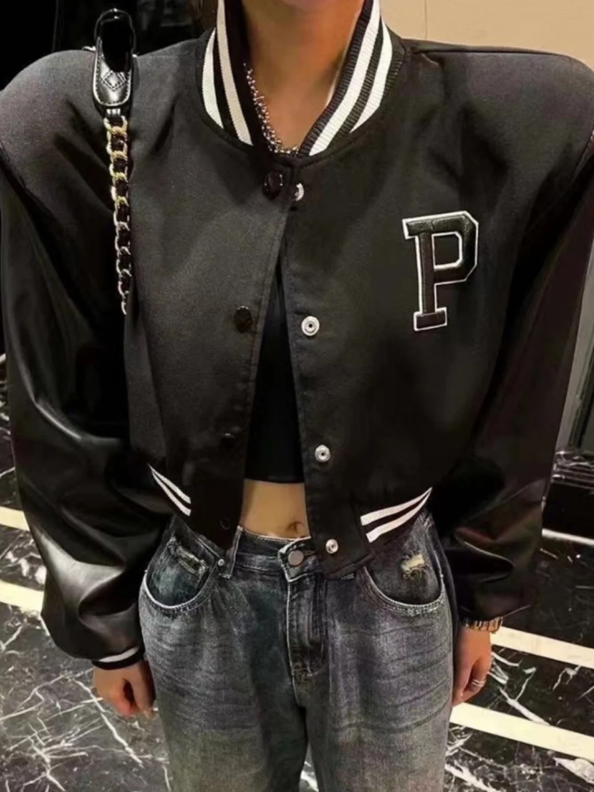 

Retro Stand Collar Letter Embroidery Baseball Jaet Women's Loose Slimming Straight ort Padded oulder Top Cotton Blend