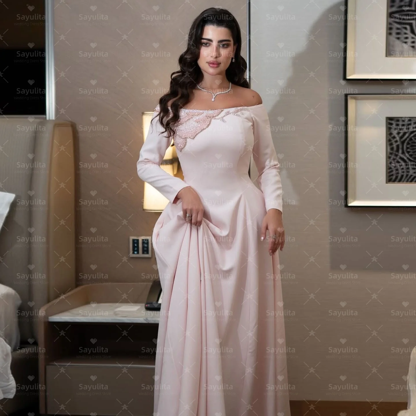 

Sayulita Prom Dresses Bespoke Beaded Boat Neck Evening Gowns Long Sleeves Saudi Women Wedding Party Wear Customized