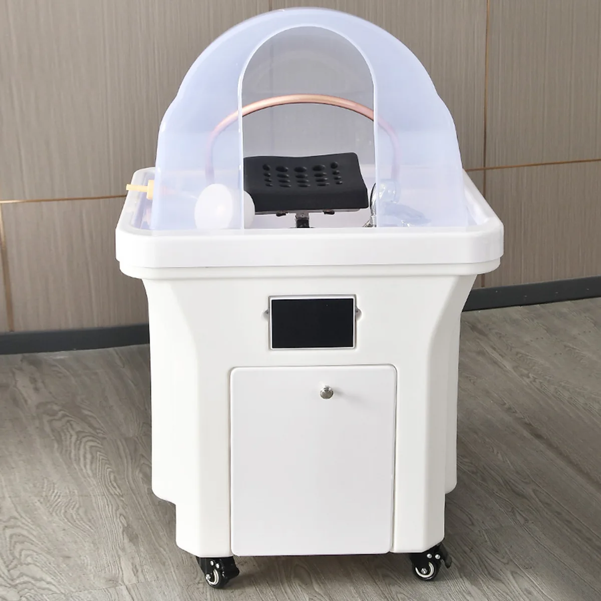 Water storage tank head therapy device, plug-and-play installation, movable shampoo basin, constant temperature wate