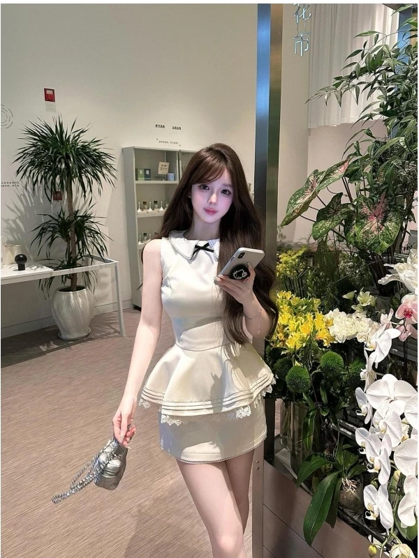 صيف جديد الحلو دمية طوق Svel عقدة أعلى الخصر Cinching التخسيس ort تنورة قطعتين مجموعة المرأة Faion #1