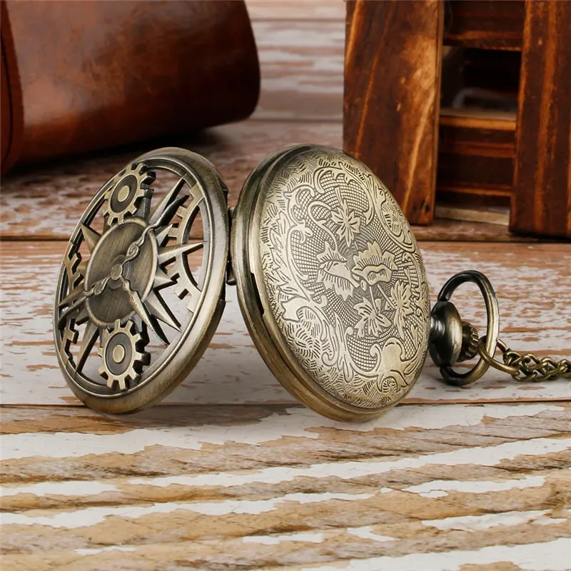 Old Fashion Hollow Wheel Gear Cover Men Women Quartz Analog Pocket Watch Half Hunter Clock with Sweater Chain Collectable Gift