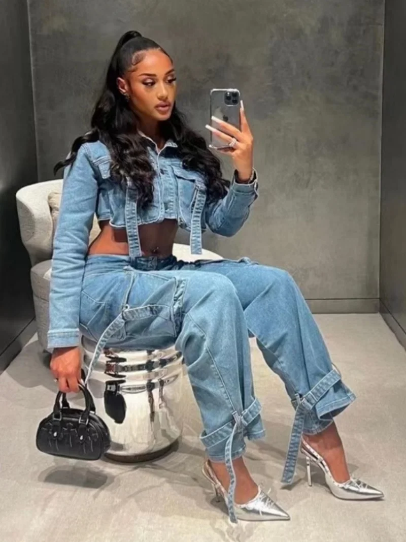 

Street Denim 2 Piece Sets Women Outfit Autumn Clothes Women Jean Cropped Jacket Straight Jeans Pant Sets Safari Style Woman Sets