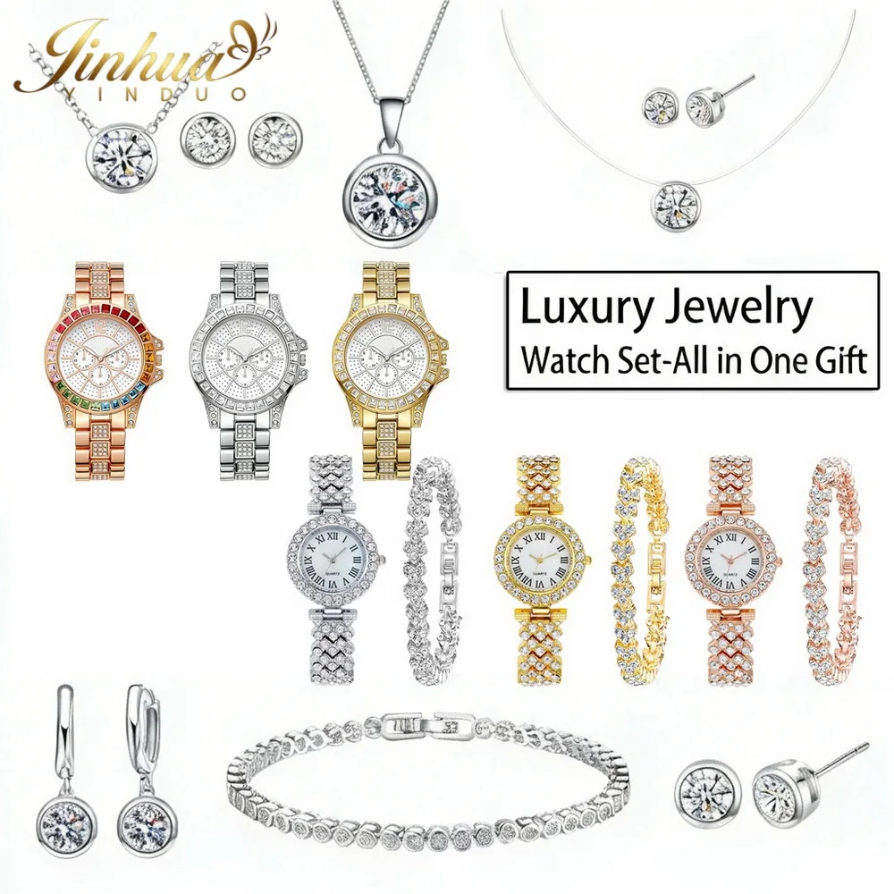 

925 Sterling Silver Jewelry Sets CZ Diamond Wristwatch Necklace Earrings Bracelet Ring Gift Box for Woman Lady Wedding Birthday