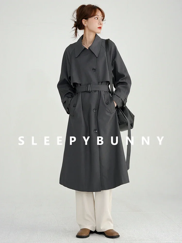 Fall Winter Women Gray Trench Coat British Style Loose Fit Mid-Length Jacket Korean Elegant Casual Overcoat for Petite Frames