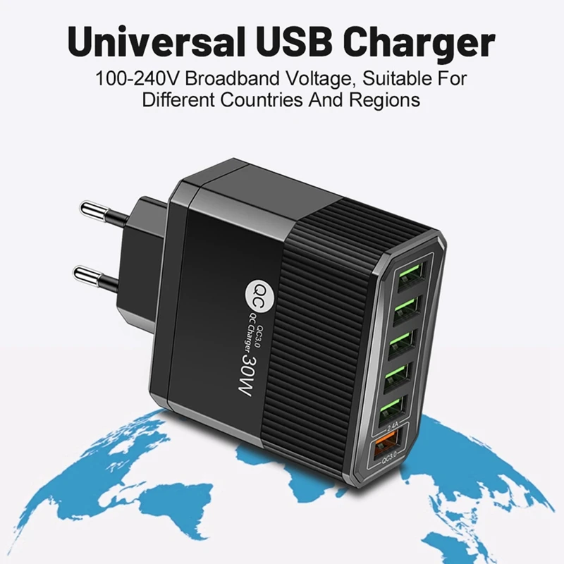 6 Ports USB 30W Fast Charging Charger Cell Phone Chargers Power Adapter US Plug Black (1 Pcs)