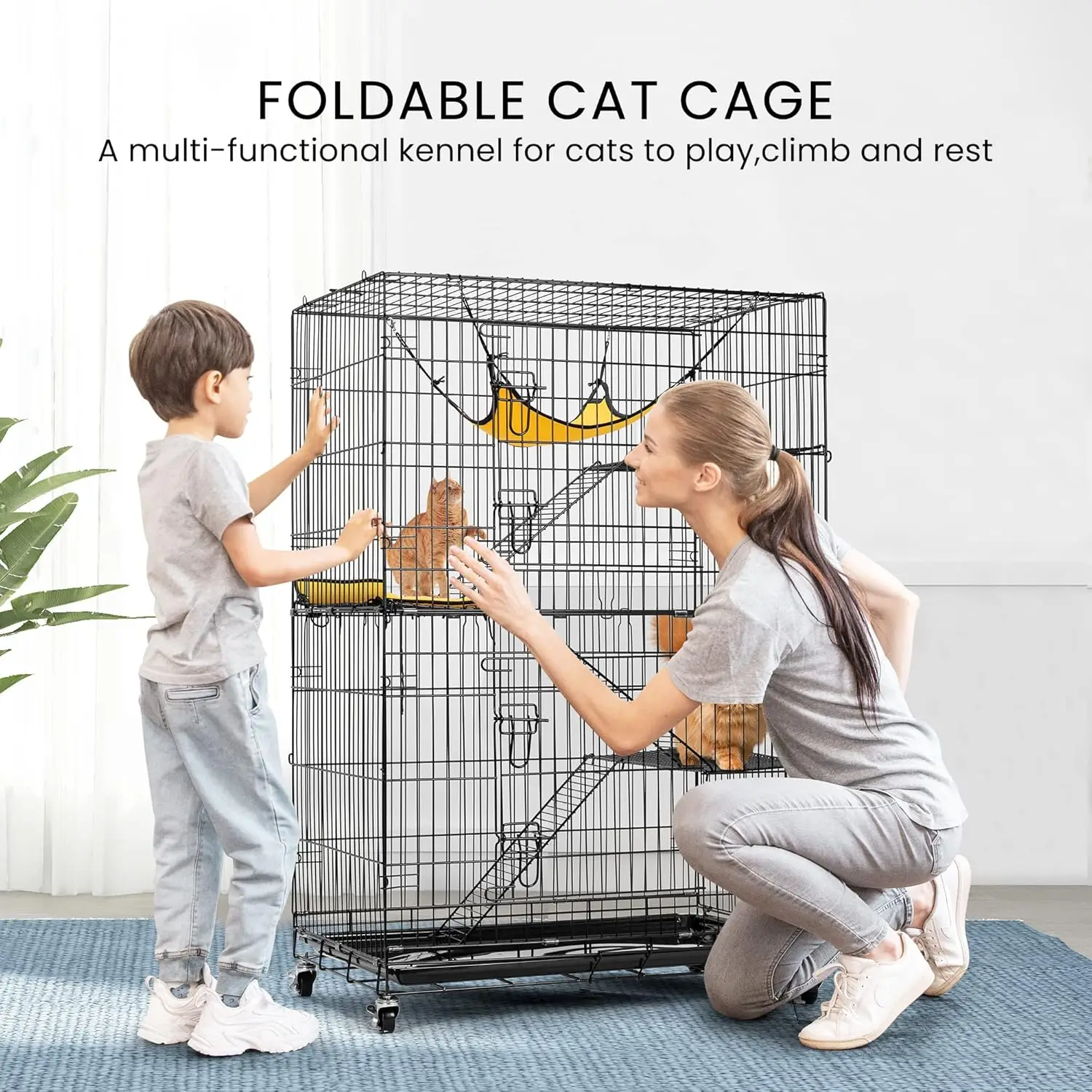 4-Tier 49 Inch Collapsible Metal Cat Kitten Ferret Cage 360° Rotating Casters Enclosure Pet Playpen with Ramp Ladders Hammock