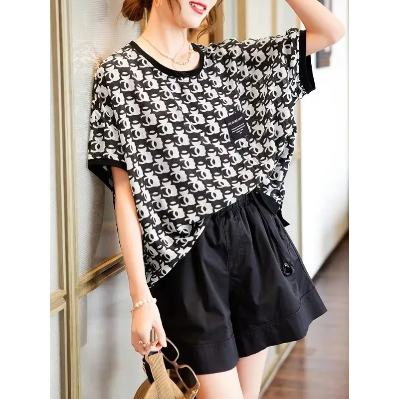 Summer New Round Neck Short Sleeved Top Fashion Large Women's T-shirt Printed Small Shirt Cover Meat and Show Slimming