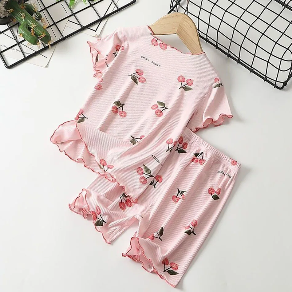 Cute Girls Summer Sleepwear Ice Silk Material Short Sleeves and Shorts  Children Clothing Warm Weather Pajama Sets 1-8 Years Old