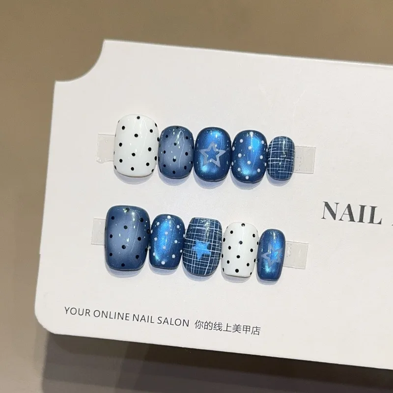 10Pcs Handmade Nail Korean-Style Summer Cat-Eye Polka Dots and Stars Press-On Nails Perfect As Gifts for Girls and Friends