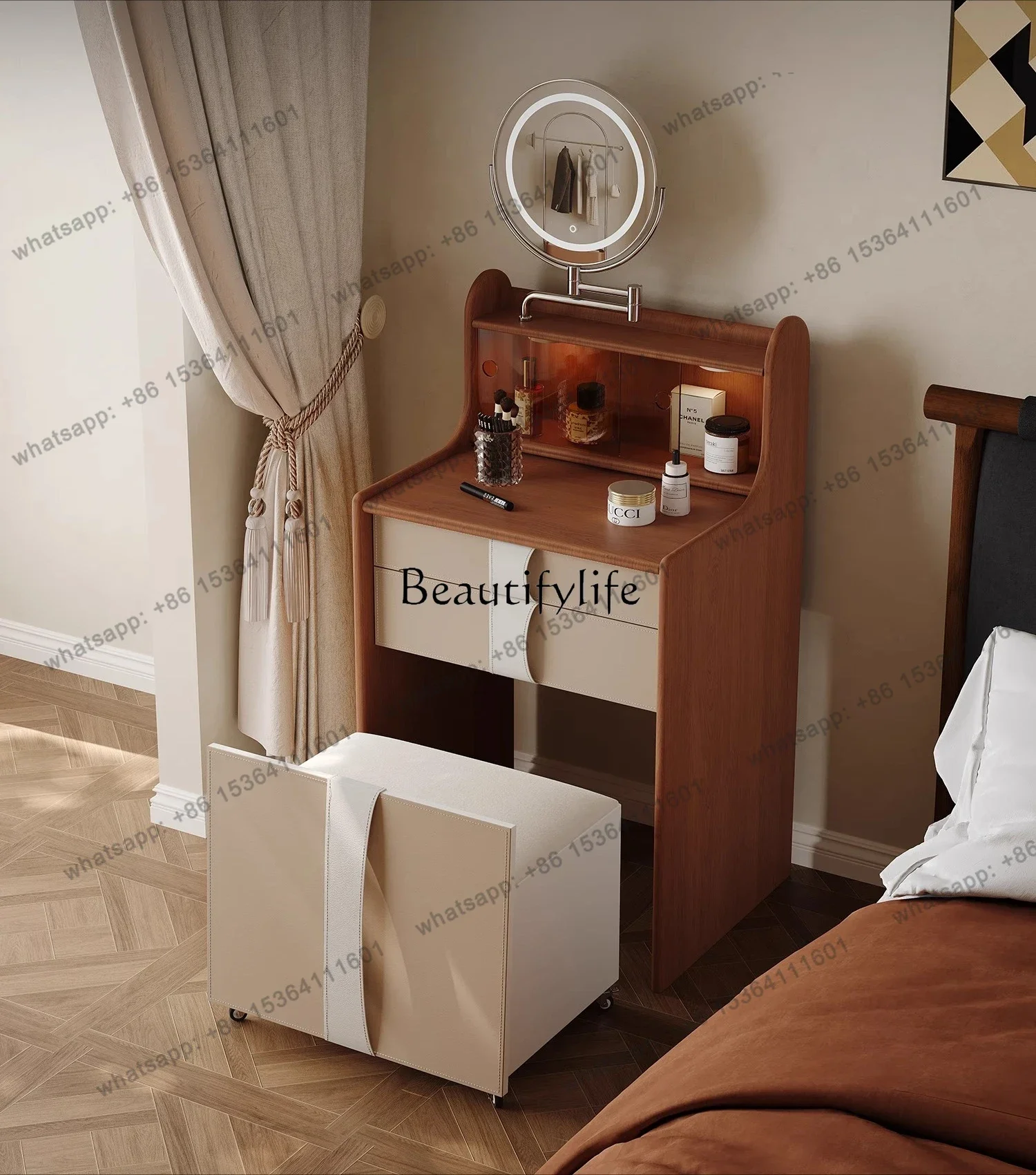 FG Best Seller Italian Minimalist Saddle Leather Makeup Table Makeup Mirror With Storage Small Dressing Table
