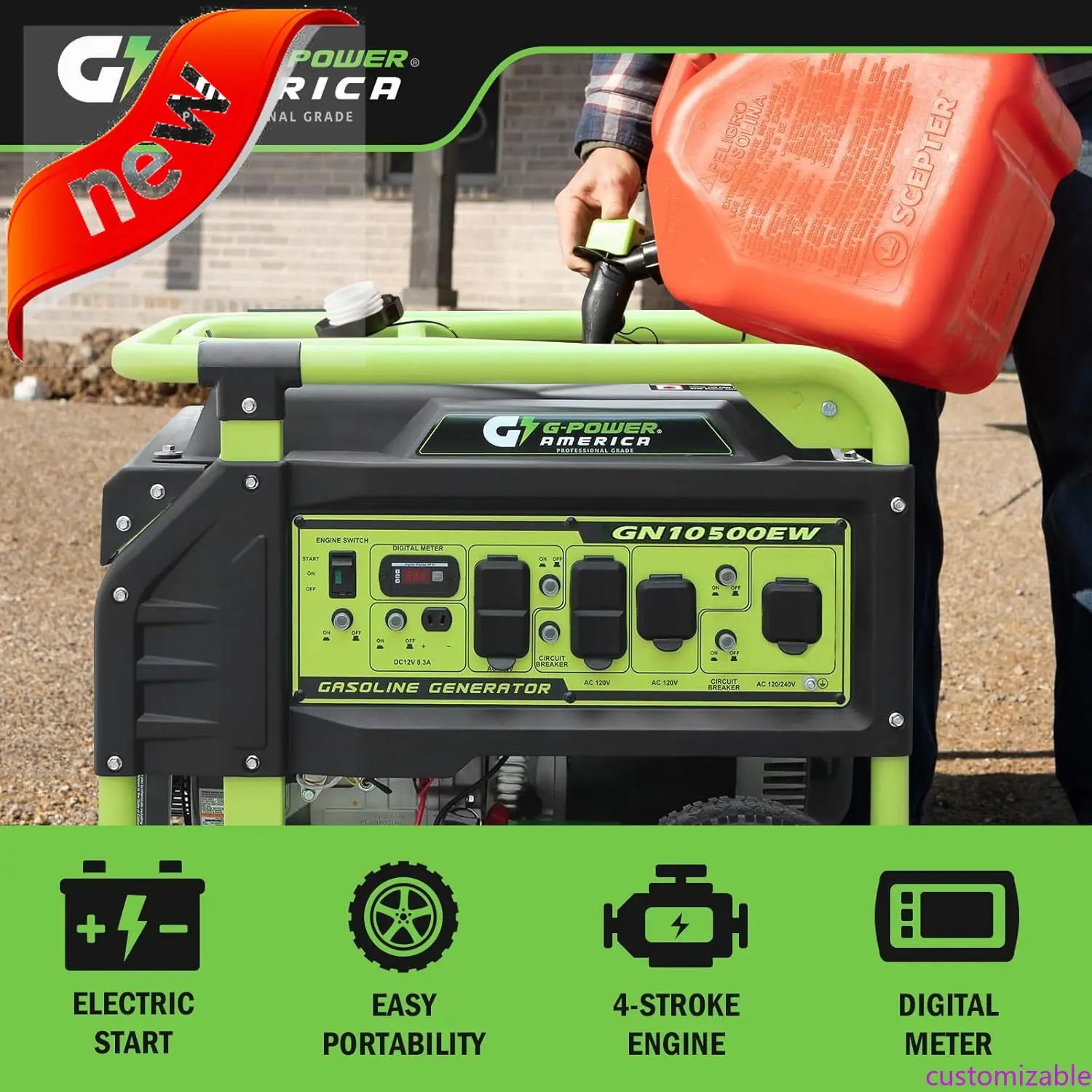 

Настраиваемый портативный генератор 10500 Вт, питание, возврат средств/электрический запуск, розетки для зарядки 12 В-8,3 А, ремонт дома и готовый к автофургоне