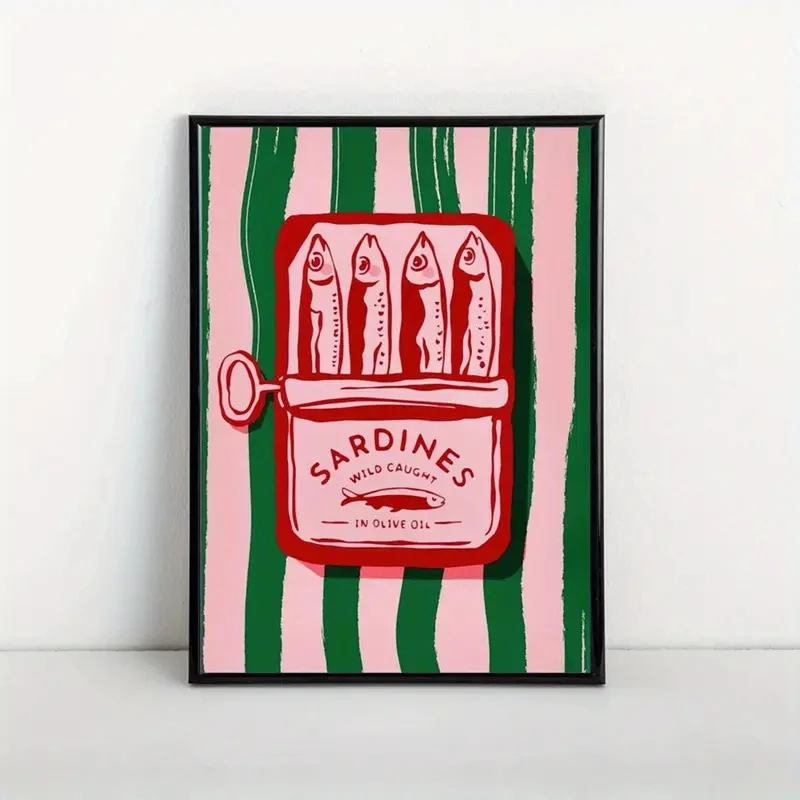 Vintage dibujos animados aceite de oliva sardinas arte de pared impresiones lienzo pintura póster imagen para sala de estar decoración del hogar