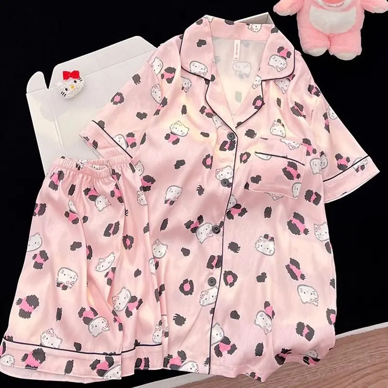 

Sanrio Hello Kitty Women's Leopard Print Pajamas Set Kawaii Cartoon Summer Sleepwear Short Sleeve Shorts Nightwear Home Suit New