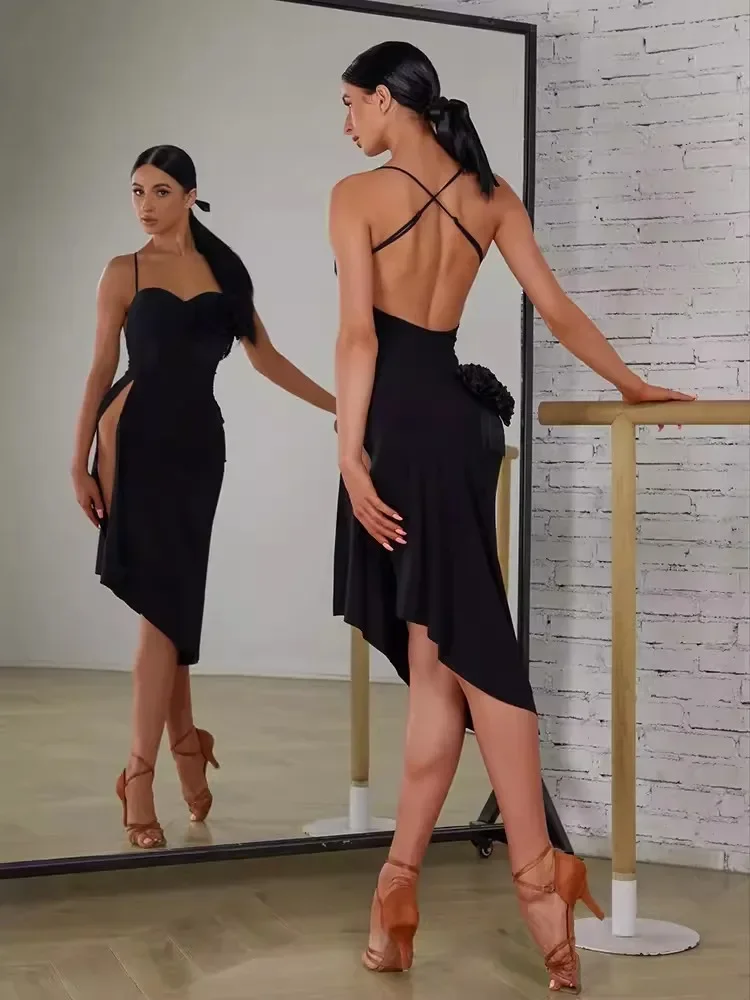 라틴 댄스 드레스 화이트 블랙 플로라 프린지 라틴 연습 공연복