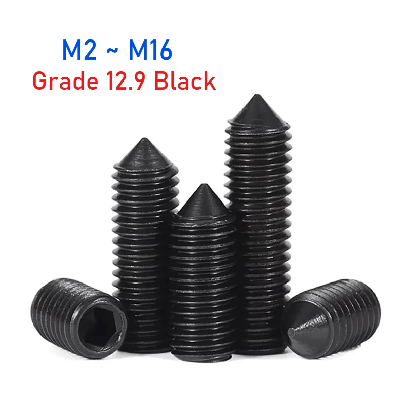 M2~M16 Grade12.9 Black Carbon Steel Hex Hexagon Socket Tapered End Grub Headless Screw Cone Point Bolt