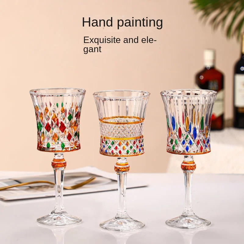 Luxury Goblet Lead-Free Crystal Glass Refraction Rainbow Luster Hand Painted Red Wine Glass Colourful Glass Cups Champagne Glass