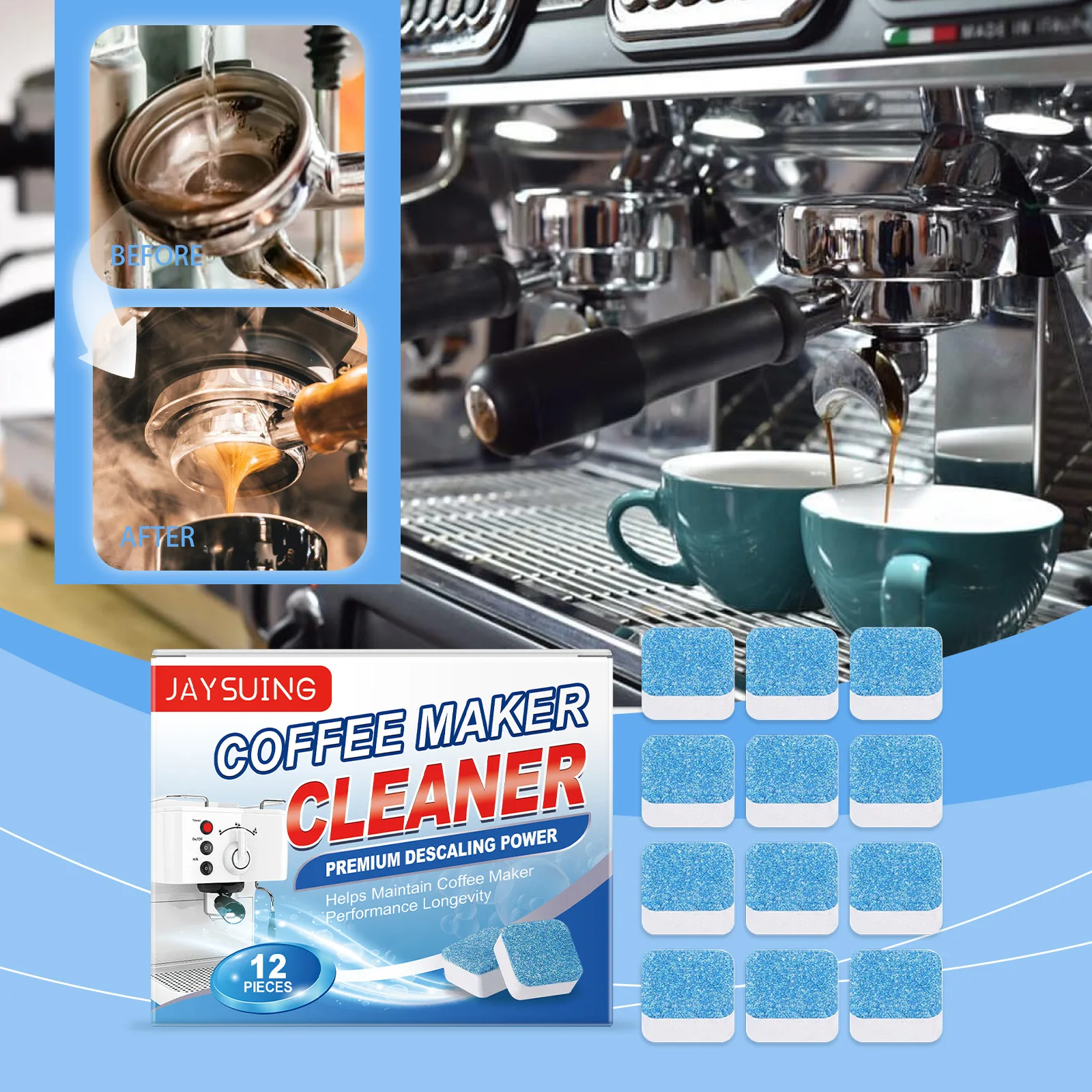 

Таблетки для чистки кофемашин (12/24 шт.), средство для удаления накипи из кофемашин для домашнего использования, очистка от кофейных отложений