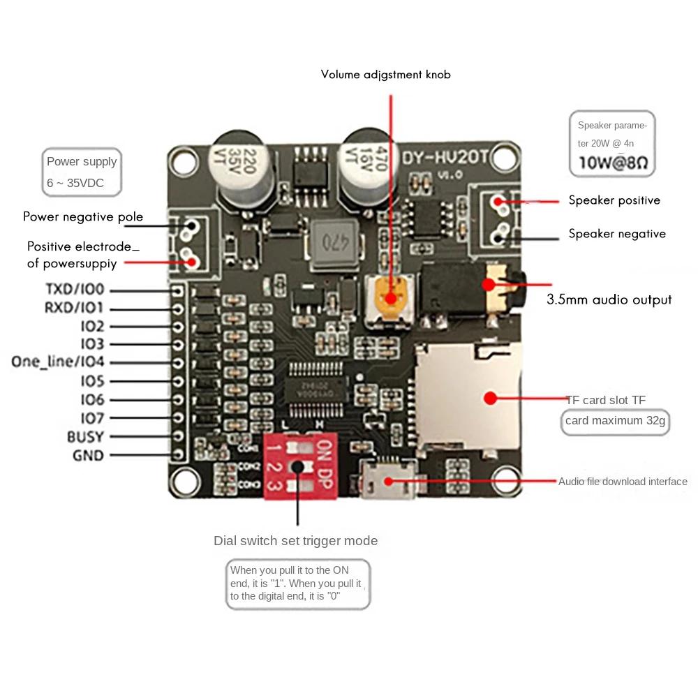 Arduinoの再生ボイスモジュール、アンプ、マイクロSDカードをサポート、mp3ミュージックプレーヤー、電源、12v、24v、10w、20w、DY-HV20T