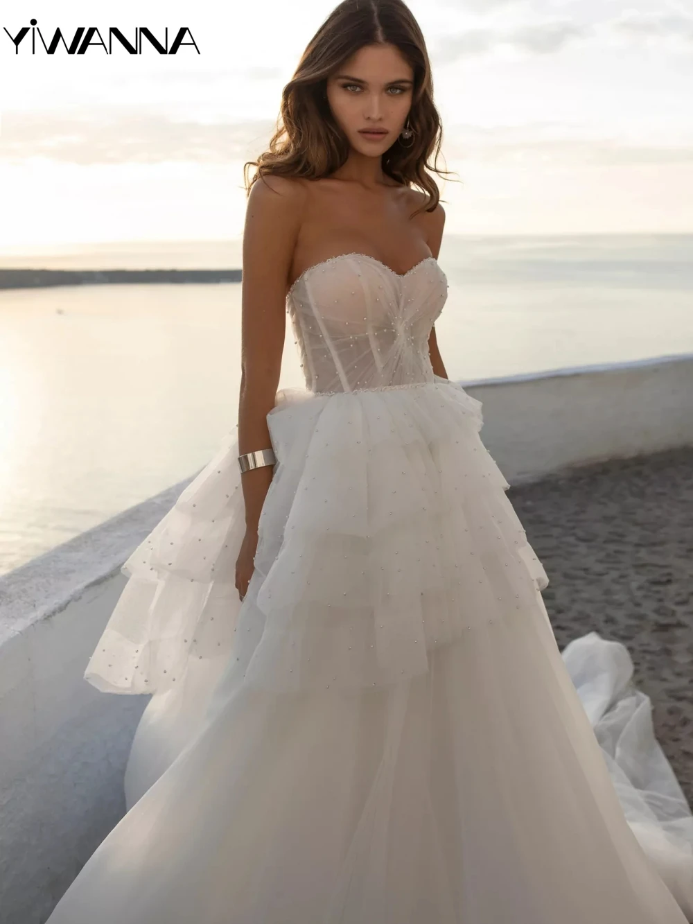 Vestido De novia largo escalonado con perlas brillantes, vestido De novia romántico con cuello De corazón, elegante, línea A