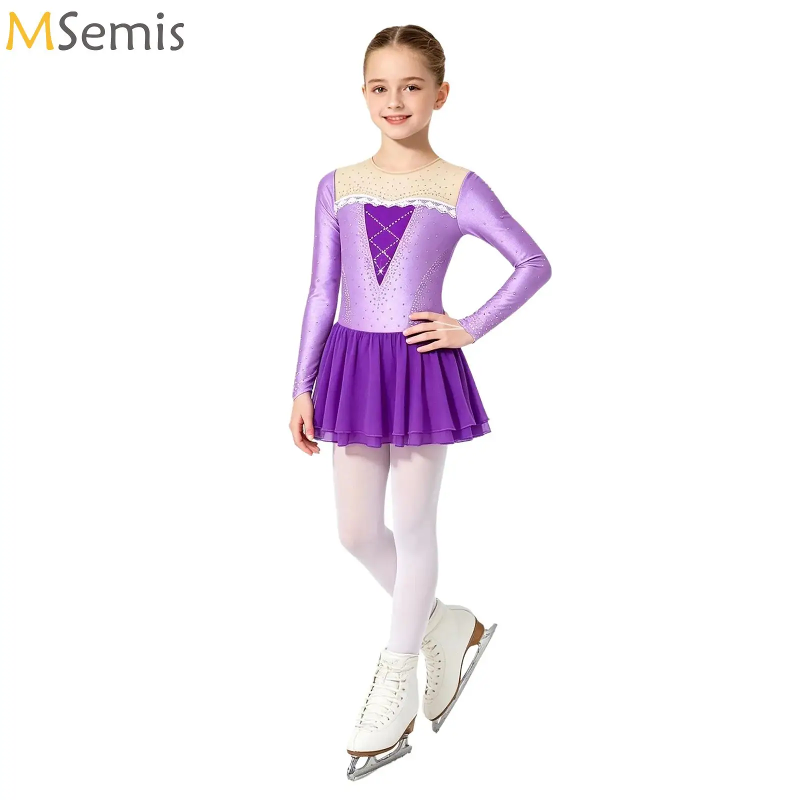 

Girls Princess Clothes Kids Figure Ice Skating Performance Costume Long Sleeve Sparkly Rhinestones Ballet Dance Leotard Dresses