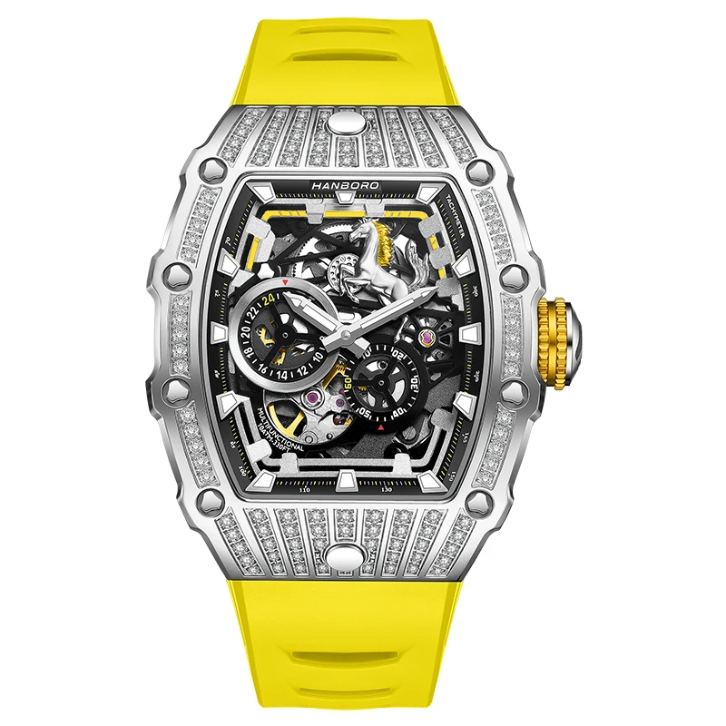 

HANBORO Мужские автоматические часы 50 мм Механические наручные часы Светящиеся водонепроницаемые часы с несколькими циферблатами и кристаллическим безелем Miyota 82S7