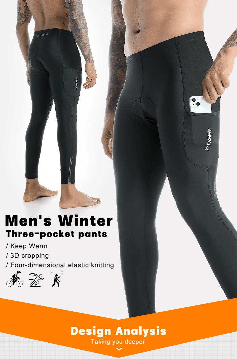 X-TIGER Herren Thermo-Radhose Winter Mountainbike-Hose Fahrrad-Tights mit Beinreißverschlüssen 5D Gel-Polster Thermo-Radhose – Detail 2