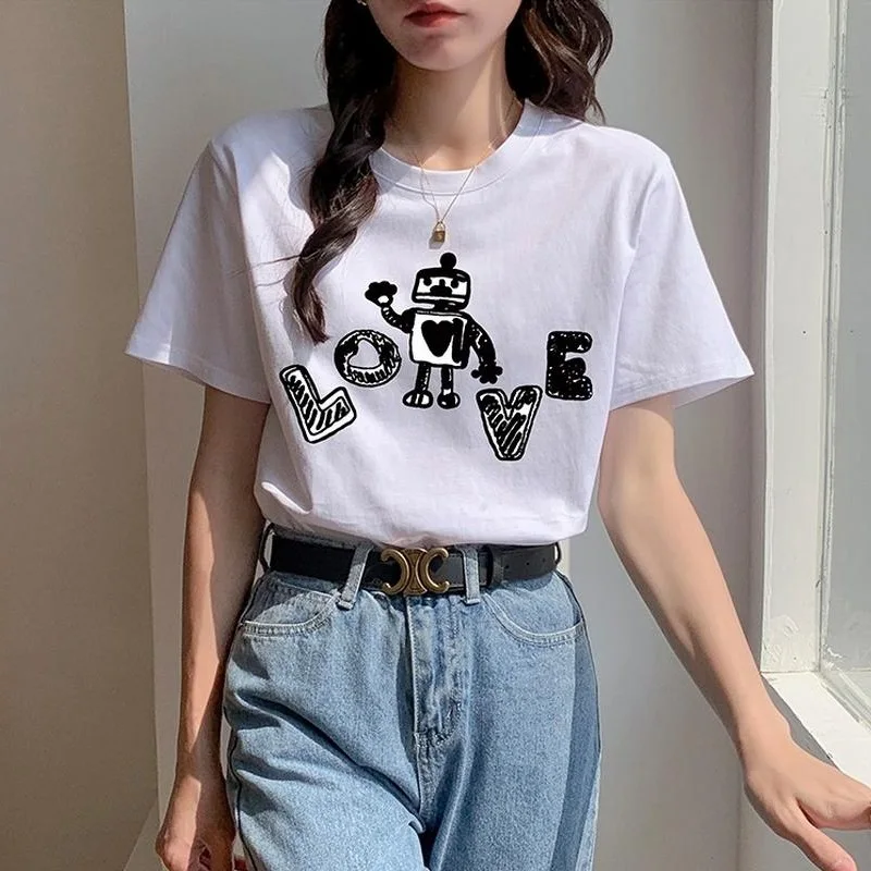 

TuangBiang Summer 2023 Letter Printing Robot White Cotton T-Shirt Korean Casual O-Neck Short Sleeve Soft Tshirt Black Female Top