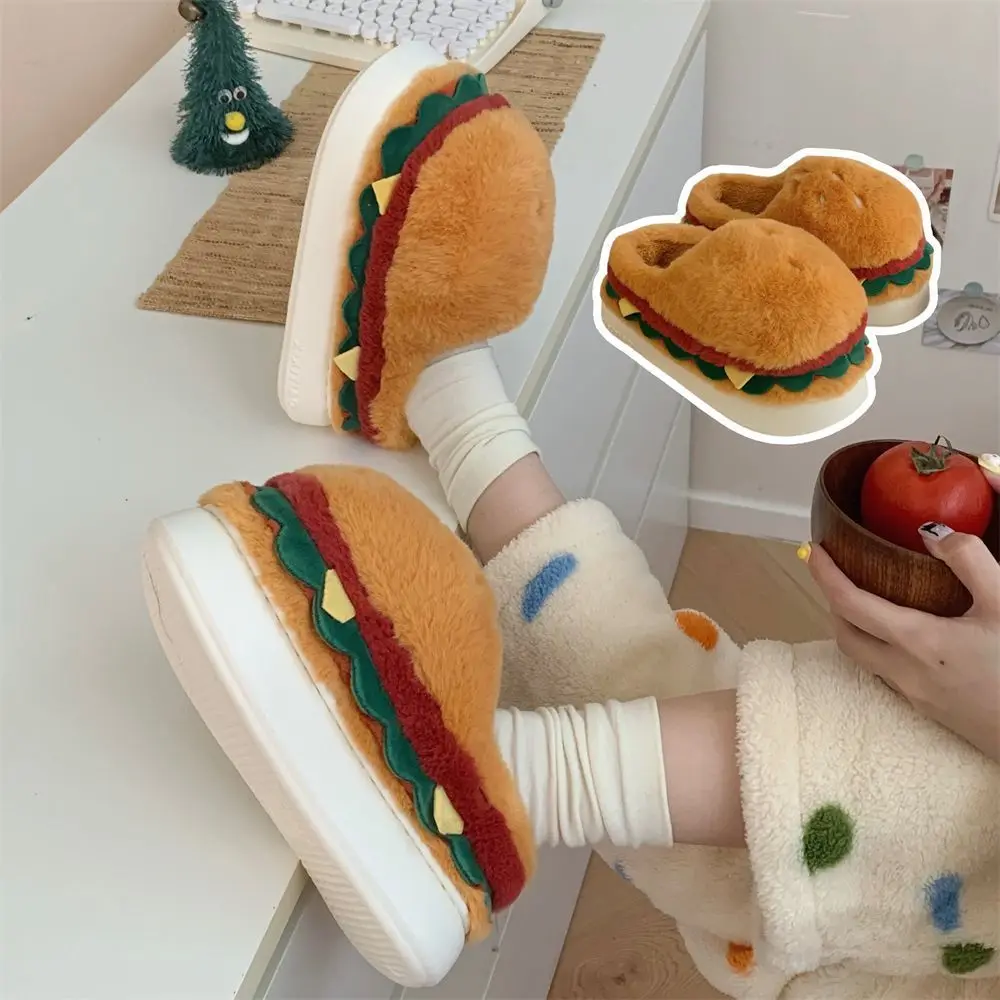 Fuzzy hamburger shoes men 2024 creative indoor slippers winter man half shoes mens slippers unisex home thick warm plush shoes