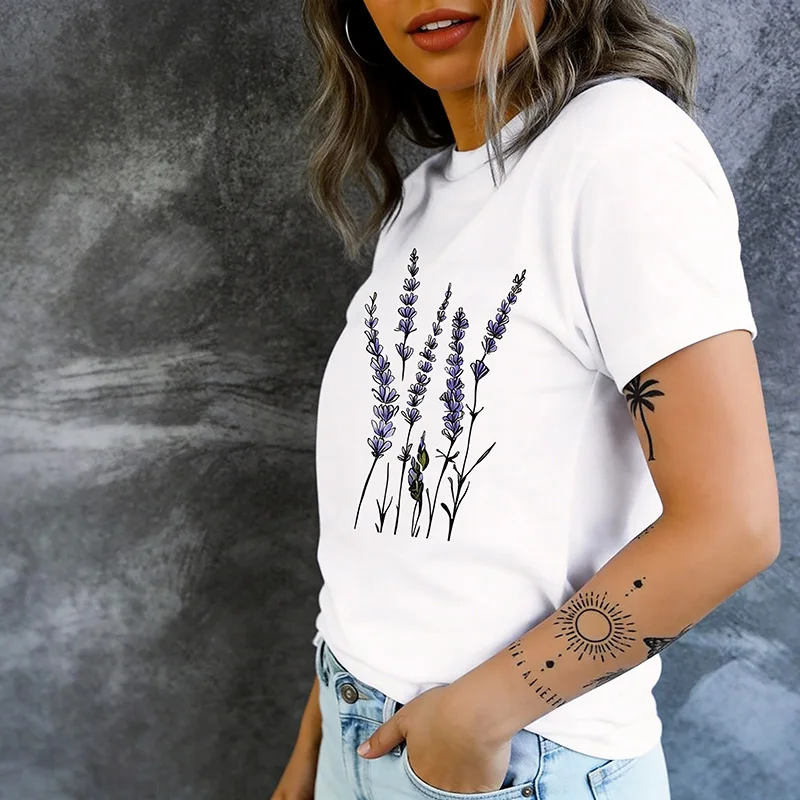 Women's Summer Lavender Floral Print T Shirt Graphic Casual Tshirt Fashion Crew Neck Short Sleeve T-shirt Clothes Girls