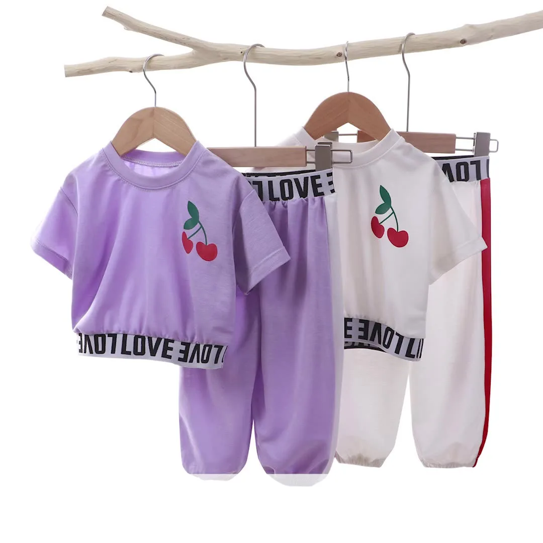 Summer Girls Fashion Short Sleeve Foreign Style Expose Waist Pattern English Alphabet Cherry Fruit Leisure Suit Two Piece Set