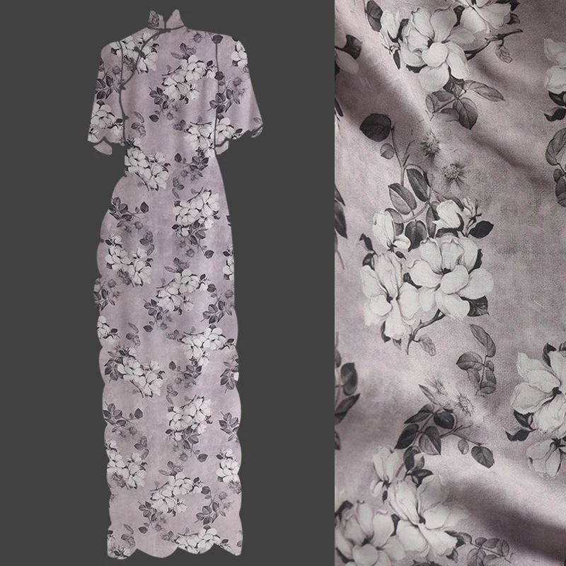 Gray White Floral 145CM Wide 130G/M Rayon Fabric,for Summer Thin Soft Dress Cheongsa Blouse R416