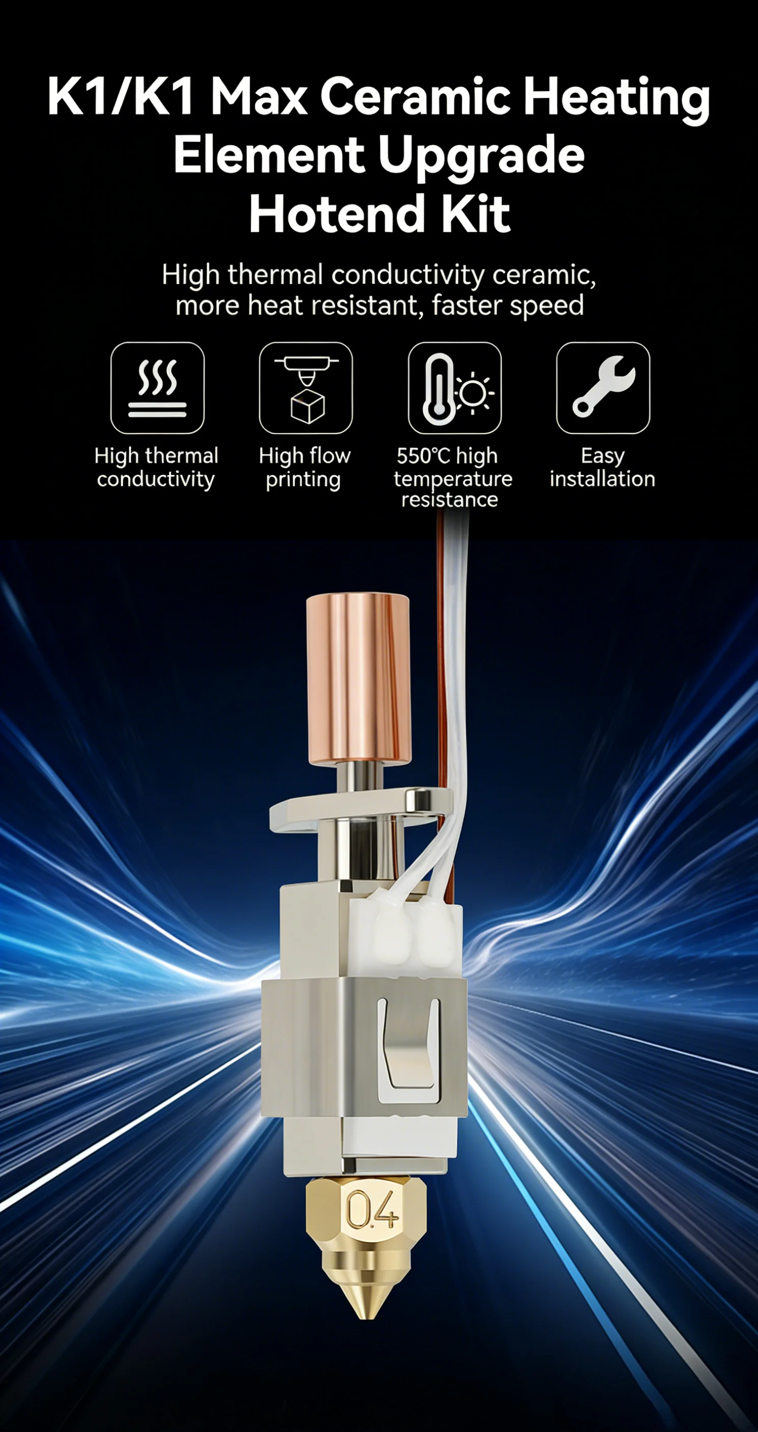 

Модернизированный высокотемпературный комплект хотэнда с увеличенным потоком и соплом из латуни и закаленной стали для 3D-принтеров Creality K1 / K1 Max