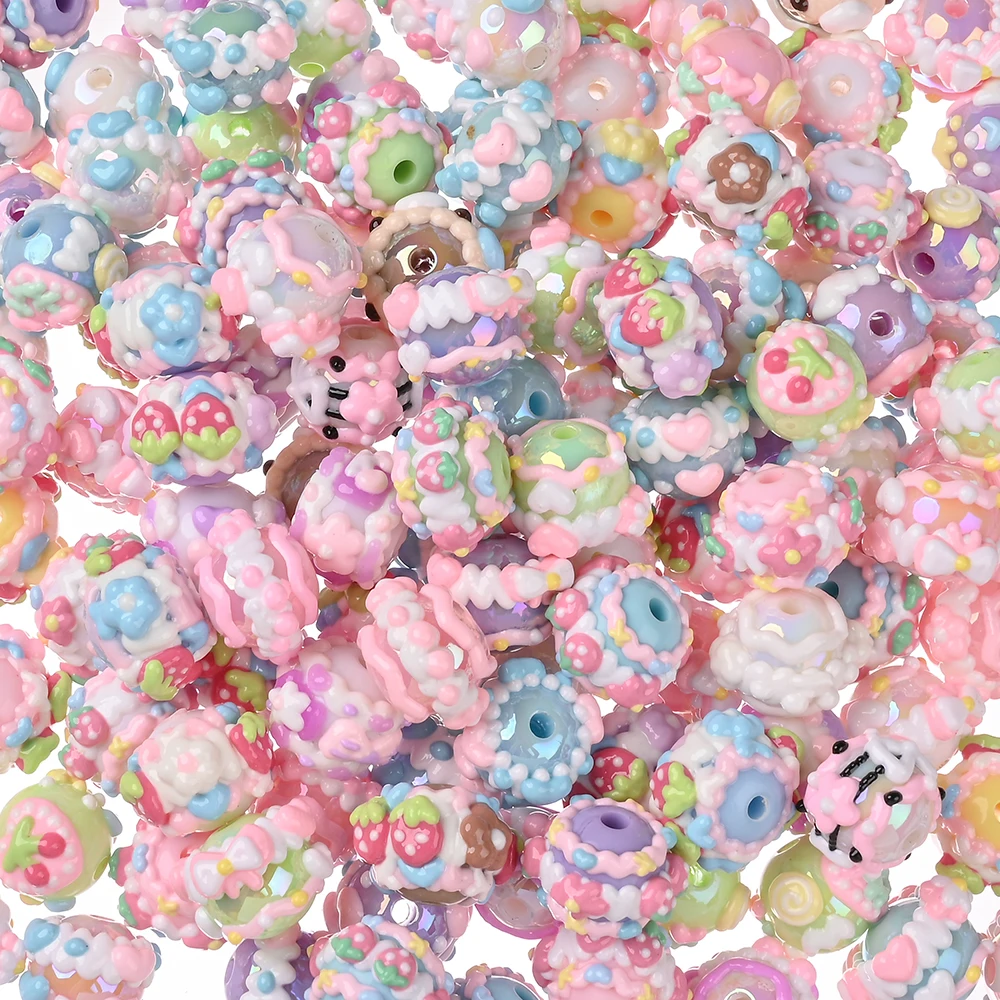 30Pcs Resin Beads Pink Series Handmade DIY hand drawn patterns Loose Round for Pacifier Chain Teether Bracelet Chew Toys