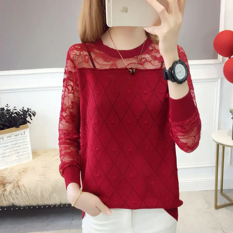 Round Neck Lace Bottoming Shirt Ice Silk Long Sleeve Loose Wild Spring And Autumn Clothes  New Thin Sweater Women's Blouse Tide