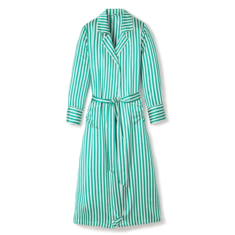 19 Momme Heavy Silk Nightgown Women Long Robe Long-sleeved Ladies Lace-up Bathrobe 100% Mulberry Silk Striped Lapel Morning Gown