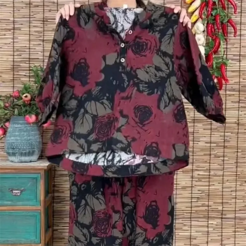 

Летние комплекты для мам из хлопка и льна, новые свободные и тонкие повседневные костюмы с принтом, шаровары в стиле ретро, комплект из двух предметов, футболка с короткими рукавами