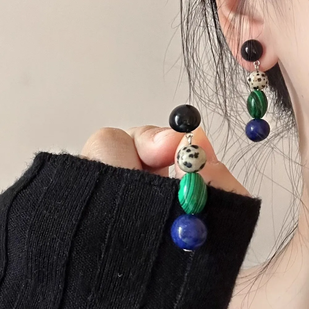 

Vintage Colored Round Speckled Lapis Contrasting Pendant Long Studs Earrings for Women Fashion Accessories Party Jewelry Gift